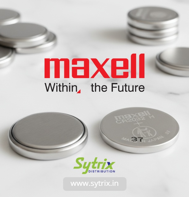 A collection of official Maxell batteries, including CR2032 and alkaline, from Sytrix Distribution.