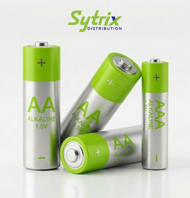 Premium alkaline AA AAA batteries from Sytrix Distribution — zinc-manganese dioxide cells for reliable power in remote controls, cameras, and consumer electronics across India
