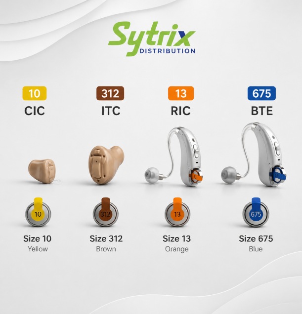 Premium mercury-free zinc-air hearing aid batteries from Sytrix Distribution India - Power One, Renata, Signia sizes 10 312 13 675