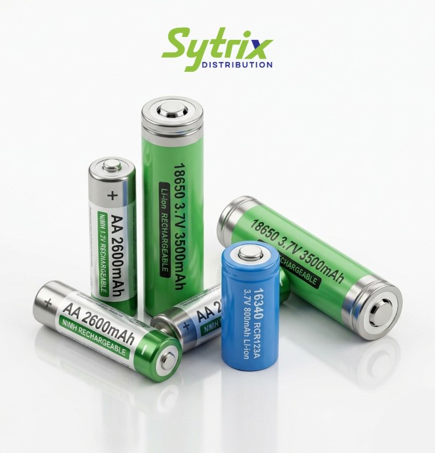 Premium rechargeable lithium-ion batteries in multiple capacities (1200–3000 mAh) by Sytrix Distribution